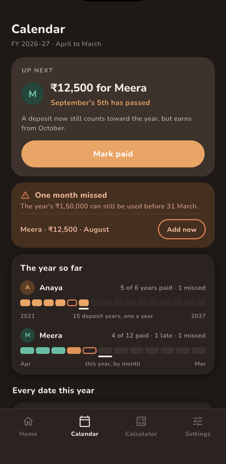 Calendar screen with the next deposit and the year so far