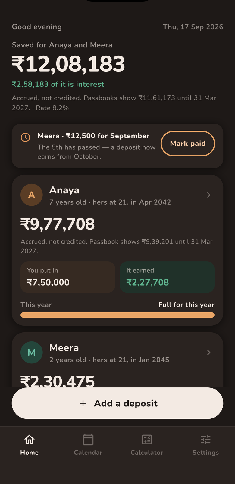 Home screen showing today's value and interest earned